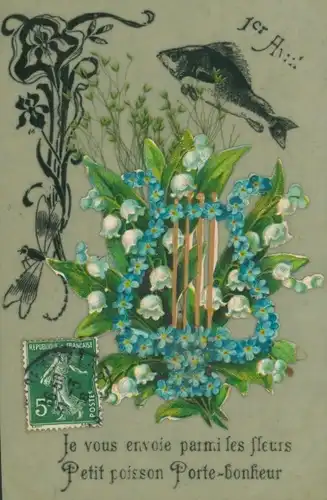 Zelluloid Ak Glückwunsch 1. April, Vergissmeinnicht, Fisch, Maiglöckchen