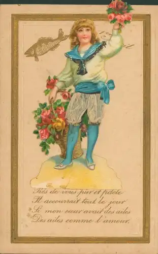Passepartout Ak Kind mit Blumenstrauß, Rosen, Fisch, Korb, Kitsch