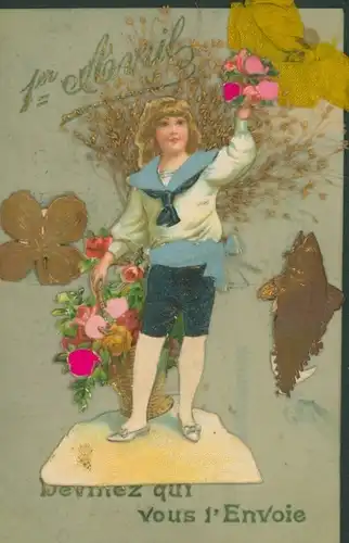 Zelluloid Ak Glückwunsch 1. April, Kind, Rosen, Fisch, Glücksklee, Stoff