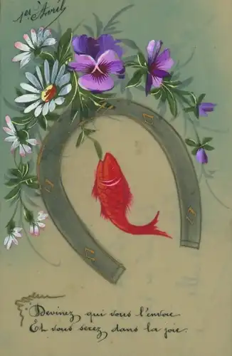 Zelluloid Ak Glückwunsch 1. April, Fisch, Hufeisen, Stiefmütterchen, Margeriten