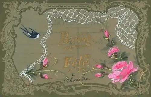 Zelluloid Ak Glückwunsch, Bonne Fete, Schwalbe, Rosen