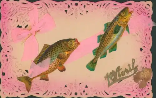 Stoff Ak Glückwunsch 1. April, Zwei Fische, Stoffschleife