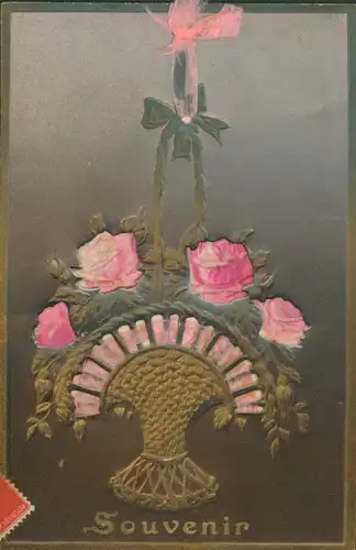 Stoff Ak Souvenir, Rosen im Korb, Stoffschleife