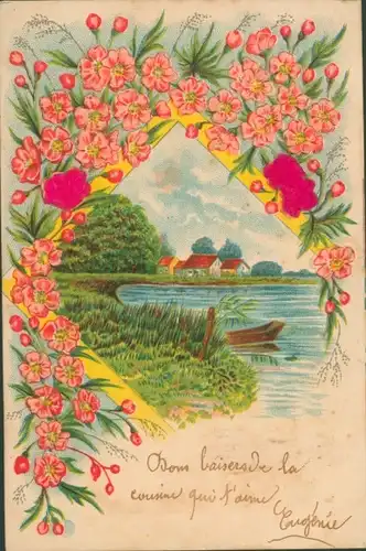 Präge Litho Dorfansicht, Teich, Blumen, Ruderboot, Kitsch
