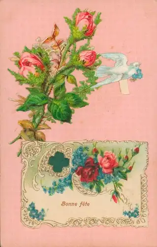 Ak Glückwunsch, Bonne Fete, Rosen, Taube, Vergissmeinnicht, Stoffblume