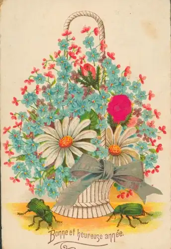 Präge Ak Glückwunsch Neujahr, Käfer, Vergissmeinnicht, Margeriten, Rosen