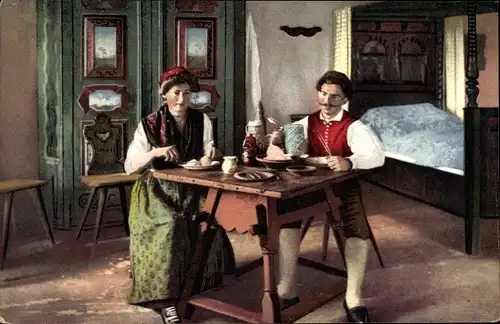 Ak Lauensteiner Trachtenbilder, Bei der Mahlzeit, Trachten Erzgebirge