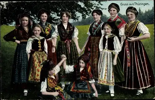 Ak Frauen und Mädchen in Thüringer Volkstrachten