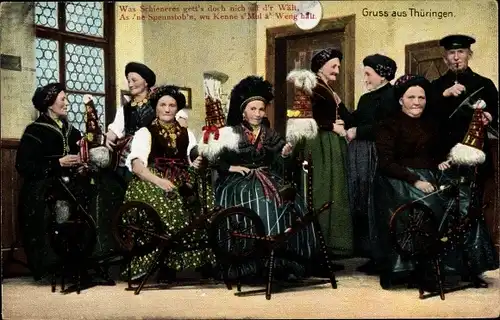 Ak Gruß aus Thüringen, Frauen an Spinnrädern, Traditionelle Trachten