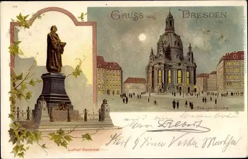 Litho Dresden Zentrum Altstadt, Frauenkirche, Luther Denkmal