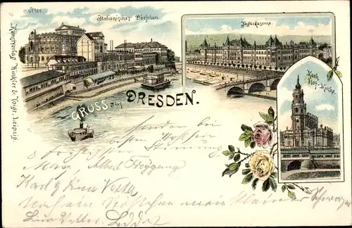 Litho Dresden Altstadt, Jägerkaserne, Italienisches Dörfchen an der Semperoper, Kath. Hofkirche