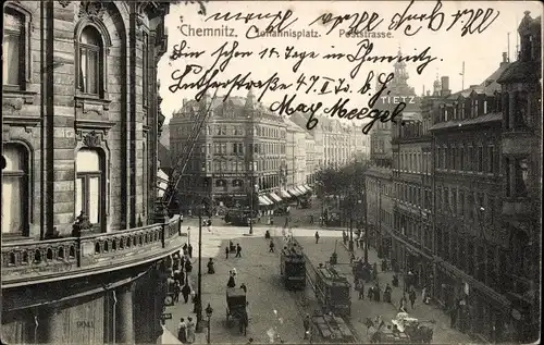 Ak Chemnitz in Sachsen, Johannisplatz, Poststraße, Straßenbahnen, Tietz