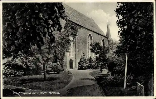 Ak Bedum Groningen Niederlande, Hoofdeingang Herv. Kerk