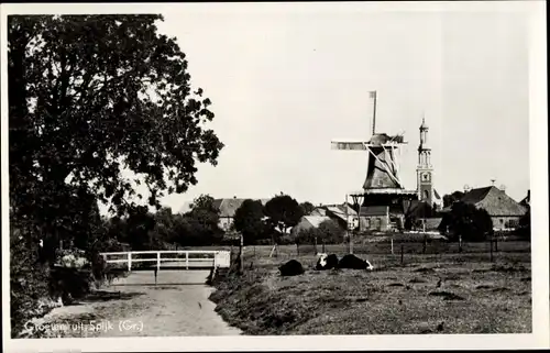 Ak Spijk Groningen, Blick auf den Ort, Windmühle