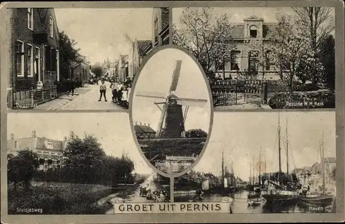 Ak Pernis Rotterdam Südholland Niederlande, Pastorie N. H. Kerk, Molen, Sluisjeweg, Haven