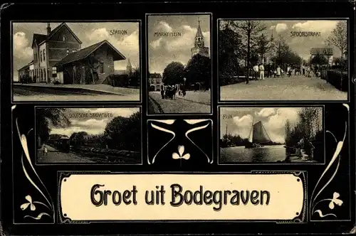 Ak Bodegraven Südholland, Bahnhof, Marktplatz, Rheinpartie