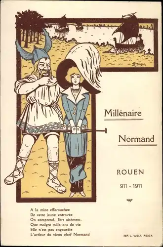 Künstler Ak Millenaire Normand, Rouen 911-1911, Krieger, Noble Frau