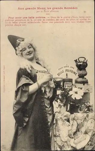 Ak Editions Bergeret, Aux grands Maux les grands Remèdes par la Petite Albertine, Belle poitrine