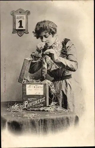 Ak Glückwunsch 1. April, Parfumerie, Frau mit Fisch, Kalender