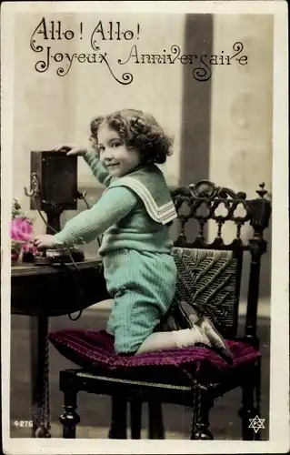 Ak Joyeux Anniversaire, Kind am Telefon, Stuhl