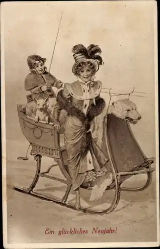 Ak Glückwunsch Neujahr, Schlittenfahrt, Hund, Kinder, Eisbär-Kopf