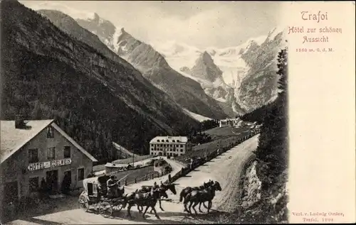 Ak Trafoi Südtirol, Hotel zur schönen Aussicht mit Eiswand, Hotel Edelweß, Postkutsche
