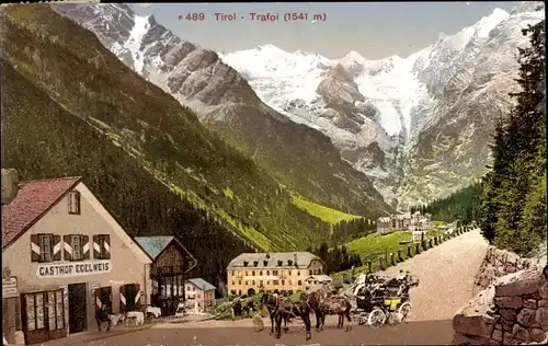 Ak Trafoi Stilfs Stelvio Südtirol, Gasthof Edelweiß, Postkutsche