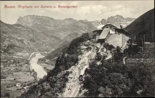 Ak Bozen Bolzano Südtirol, Virglbahn mit Schlern und Rosengarten