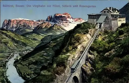 Ak Bozen Bolzano Südtirol, Virglbahn mit Schlern und Rosengarten, Hotel, Standseilbahn