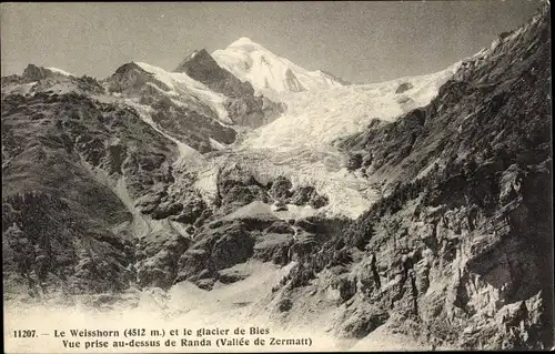 Ak Zermatt Kanton Wallis, Le Weisshorn et le glacier de Bies, Vue prise au dessus de Randa