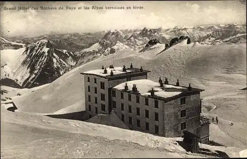 Ak Kanton Waadt, Grand Hotel des Rochers de Naye et les Alpes bernoises en hiver