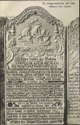 Ak Insel Föhr Nordfriesland, St. Johanneskirche, Grabstein Dirck Cramers