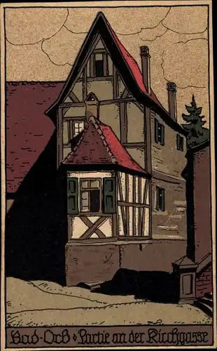 Steindruck Ak Bad Orb in Hessen, Partie an der Kirchgasse, Fachwerkhaus
