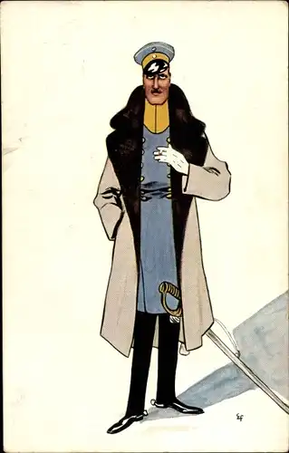 Künstler Ak Offizier mit Mantel und Degen, Zigarette, Schirmmütze, Novitas 884