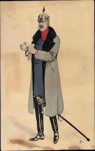 Künstler Ak Deutscher Offizier in Uniform, Mantel, Pickelhaube, Monokel