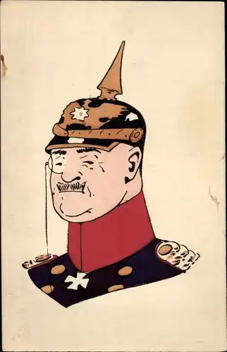 Künstler Ak Deutscher Offizier in Uniform, Pickelhaube, Monokel