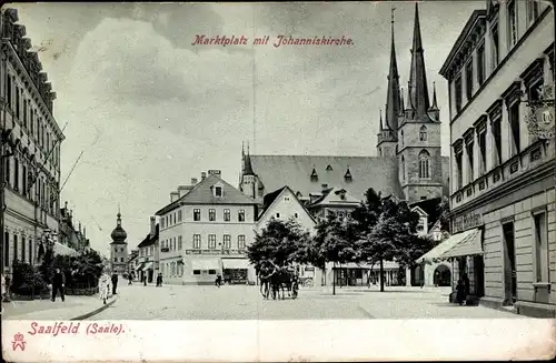 Ak Saalfeld an der Saale Thüringen, Marktplatz, Johanniskirche, Kutsche