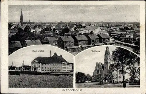Ak Gladbeck im Ruhrgebiet, Rathaus, Totalansicht, Städtische Badeanstalt