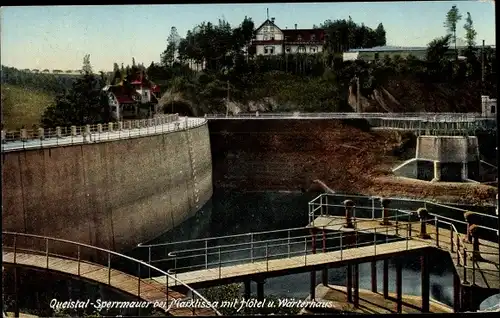 Ak Leśna Marklissa Schlesien, Queistal Sperrmauer, Hotel und Wärterhaus