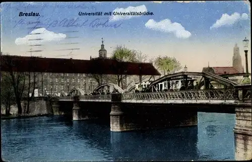 Ak Wrocław Breslau Schlesien, Universität mit Universitätsbrücke