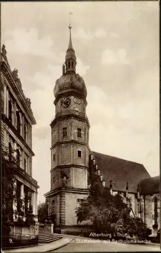 Ak Altenburg in Thüringen, Thüringische Staatsbank mit Bartholomäikirche