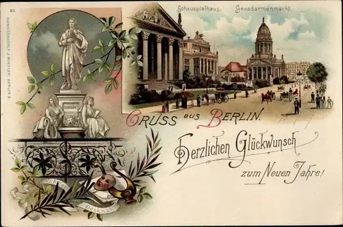 Litho Berlin Mitte, Schauspielhaus, Gendarmenmarkt, Schiller Denkmal, Neujahrsgruss