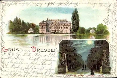 Litho Dresden Altstadt, Großer Garten, Palais, Herkulesallee
