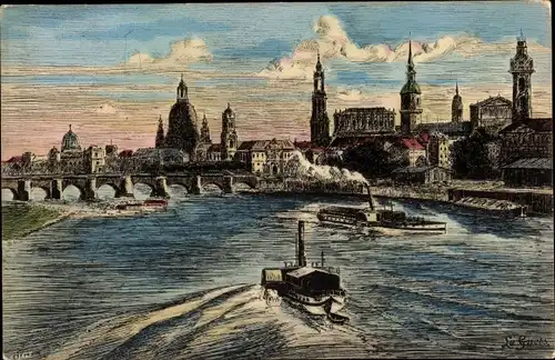 Künstler Ak Dresden Altstadt, Blick von der Marienbrücke, Schiffe