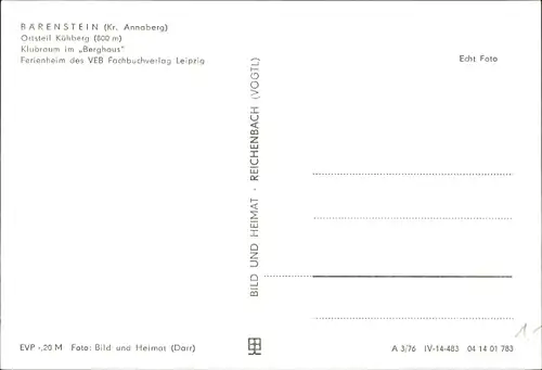 Ak Kühberg Bärenstein im Erzgebirge, Klubraum, Ferienheim Berghaus des VEB Fachbuchverlag Leipzig