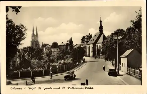 Ak Oelsnitz im Vogtland, St. Jacobi Kirche, St. Katharina-Kirche
