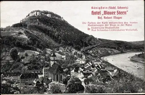 Ak Königstein an der Elbe Sächsische Schweiz, Hotel Blauer Stern, Festung, Schiff, Landkarte