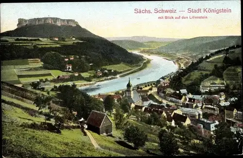 Ak Königstein an der Elbe Sächsische Schweiz, Blick auf den Lilienstein, Kirche