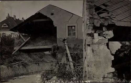 Ak Berggießhübel in Sachsen, Unwetterkatastrophe 8.-9. Juli 1927, zerstörtes Gebäude
