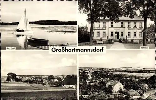 Ak Großhartmannsdorf im Erzgebirge, Am Teich, Rathaus, Ortsansichten